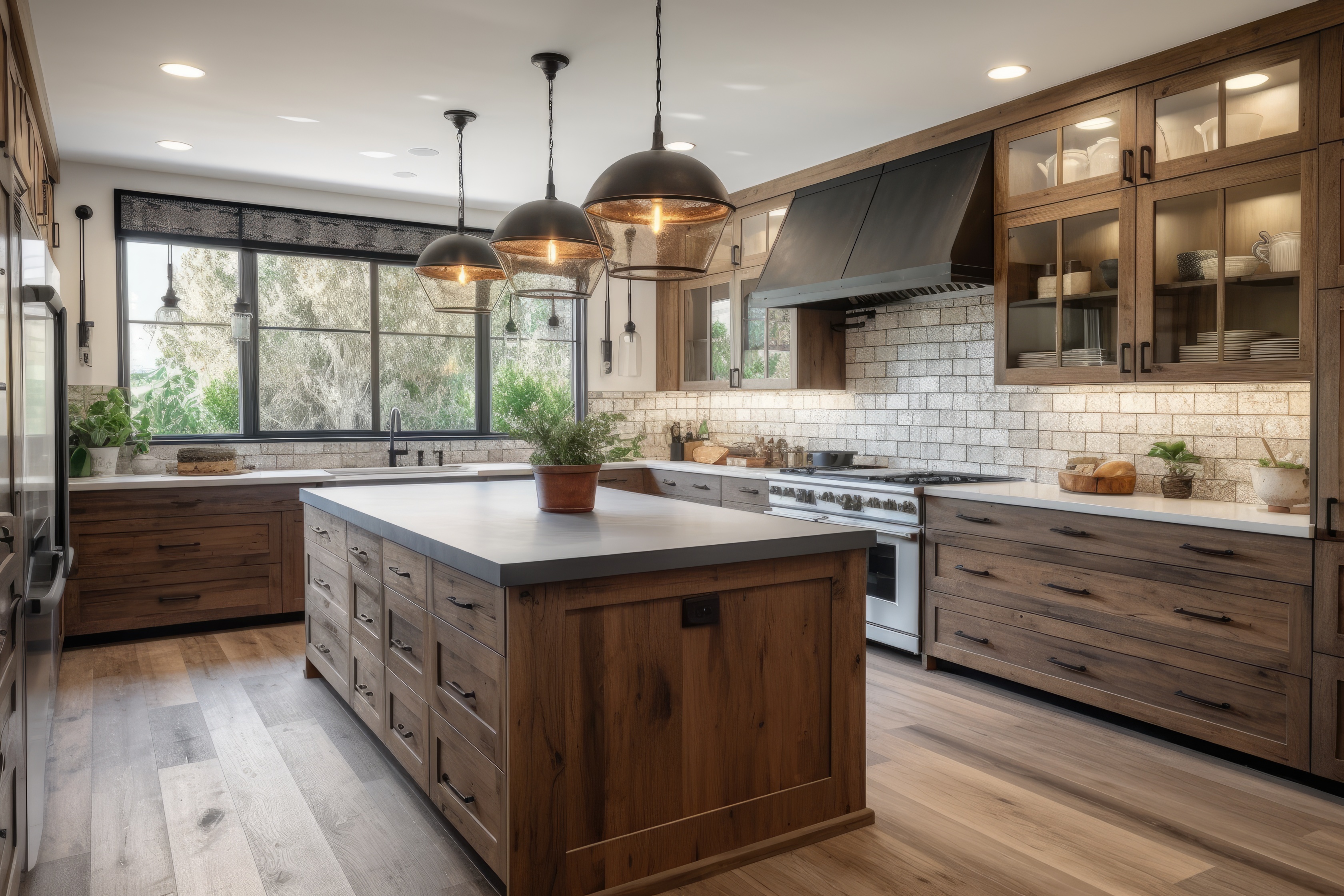 spacious kitchen featuring a wood cabinets and a central island. Generative AI